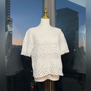 🆕 FARM Rio 🧿 NWT Crochet Sweater Tee, White, Sz M